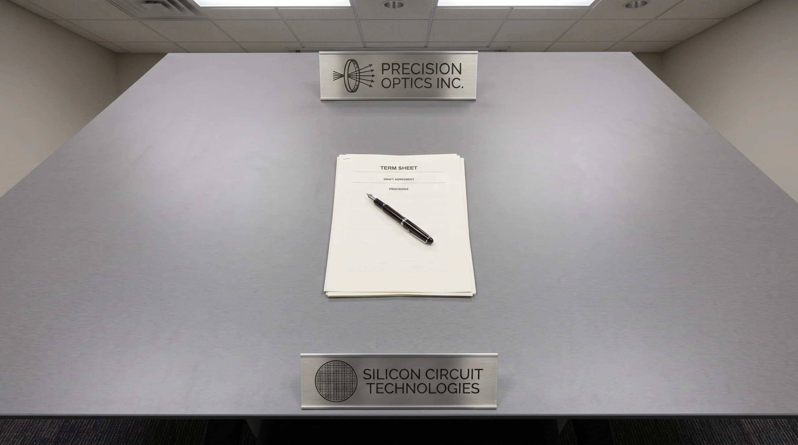A boardroom conference table shot from directly above, bare except for two corporate nameplates—one etched with a stylized lithography-lens mark, the other with a…