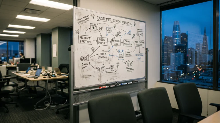 A conference room documentary photograph: a whiteboard filled with hand-drawn causal-chain diagrams and arrows connecting boxes labeled with small icons, photographed…