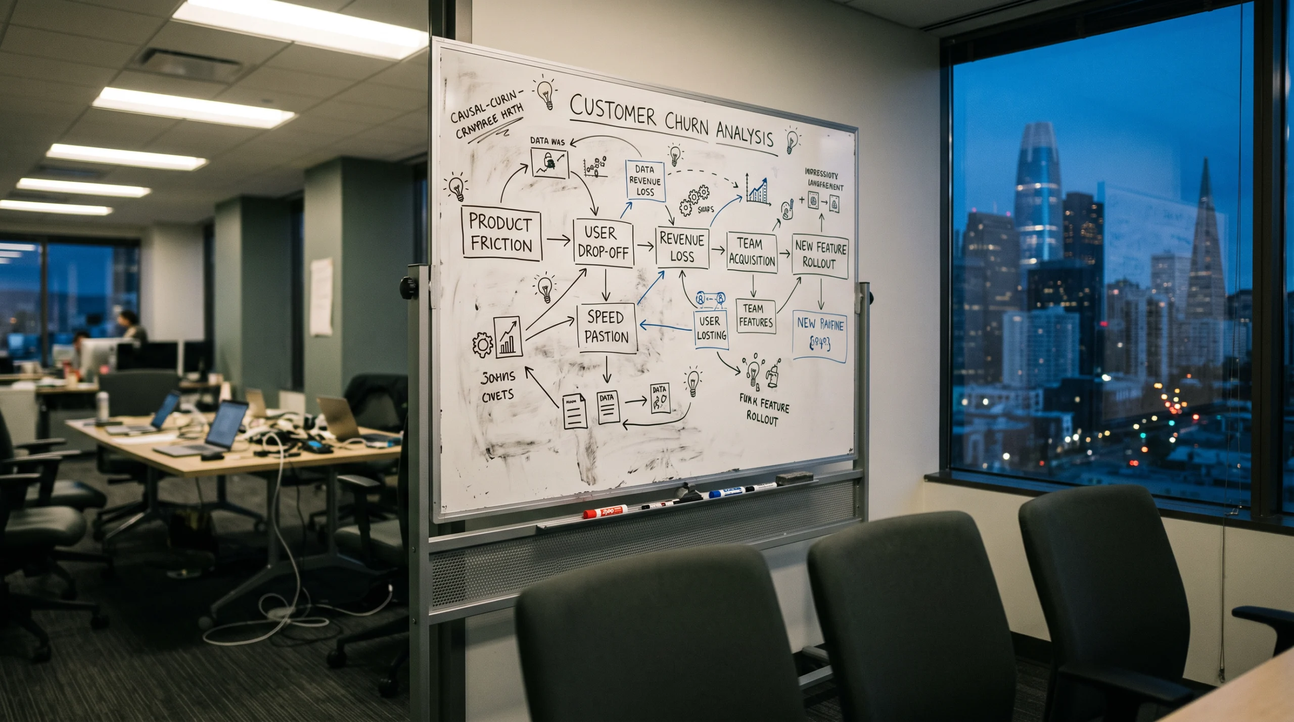 A conference room documentary photograph: a whiteboard filled with hand-drawn causal-chain diagrams and arrows connecting boxes labeled with small icons, photographed…