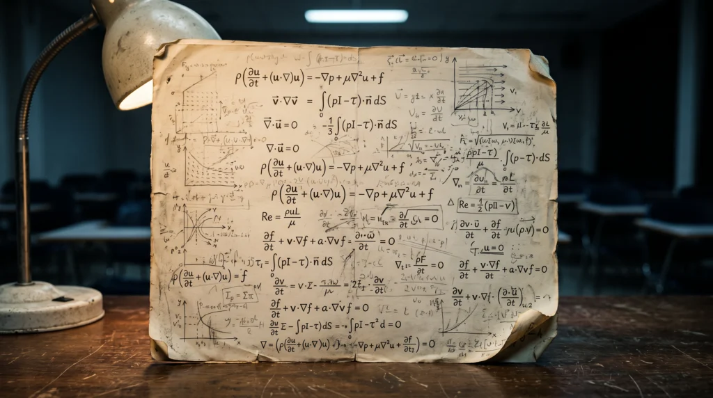 A single sheet of paper covered edge to edge with dense handwritten fluid-dynamics equations sits under a chalky desk lamp, its surface printed with faint…
