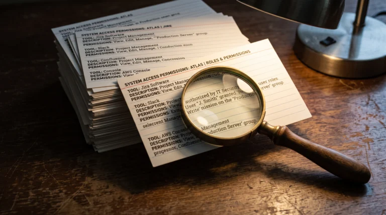A close-up macro photograph of stacked index cards on a plain desk, each card printed with dense paragraphs of plain text describing software tools and their…