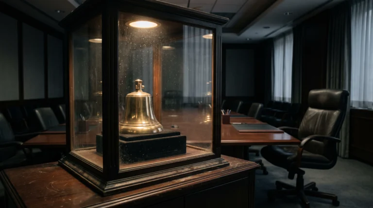 A polished stock exchange bell sits untouched under a glass display case in a dim, empty boardroom, its brass surface reflecting a single overhead spotlight while the…