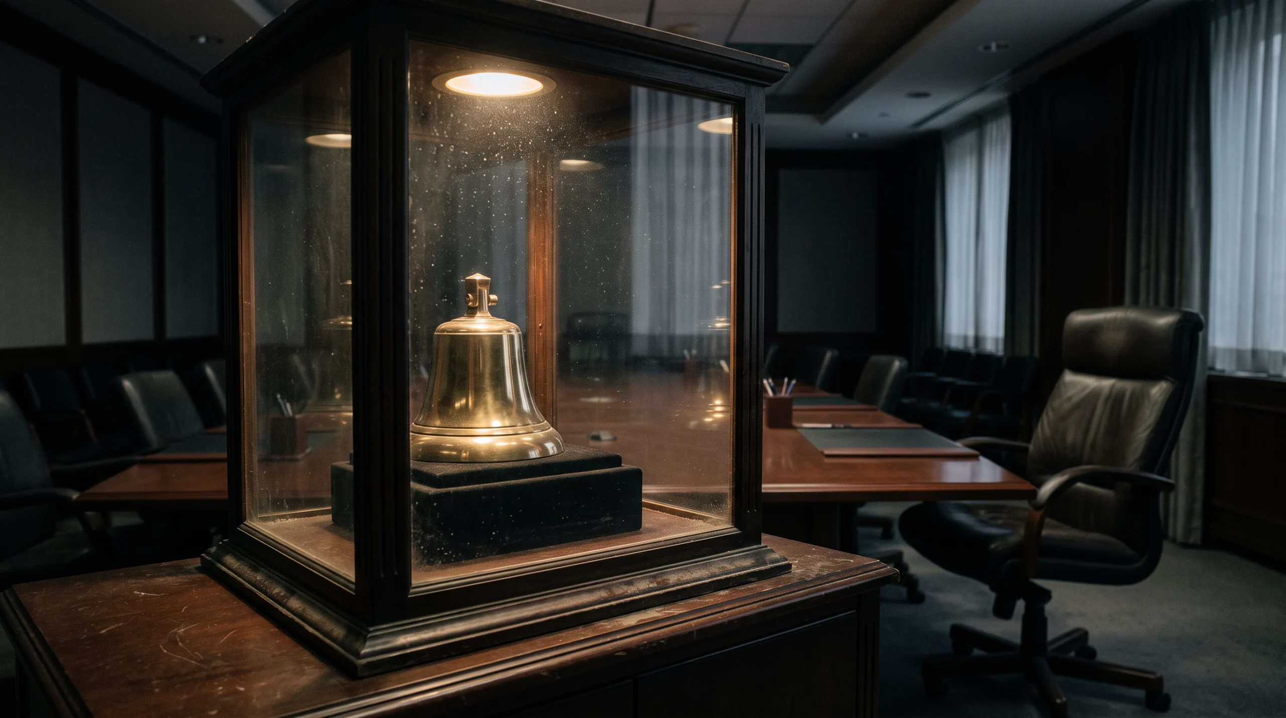 A polished stock exchange bell sits untouched under a glass display case in a dim, empty boardroom, its brass surface reflecting a single overhead spotlight while the…