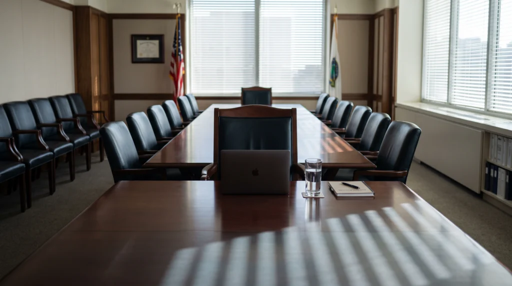 A single empty conference chair at the head of a long, polished mahogany table inside a Washington policy office, positioned behind a closed laptop…