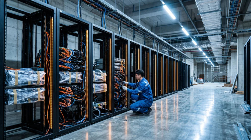A row of unbranded server racks stands inside a half-finished data center in Korea, their front panels open to reveal dense bundles of cabling and GPU trays…