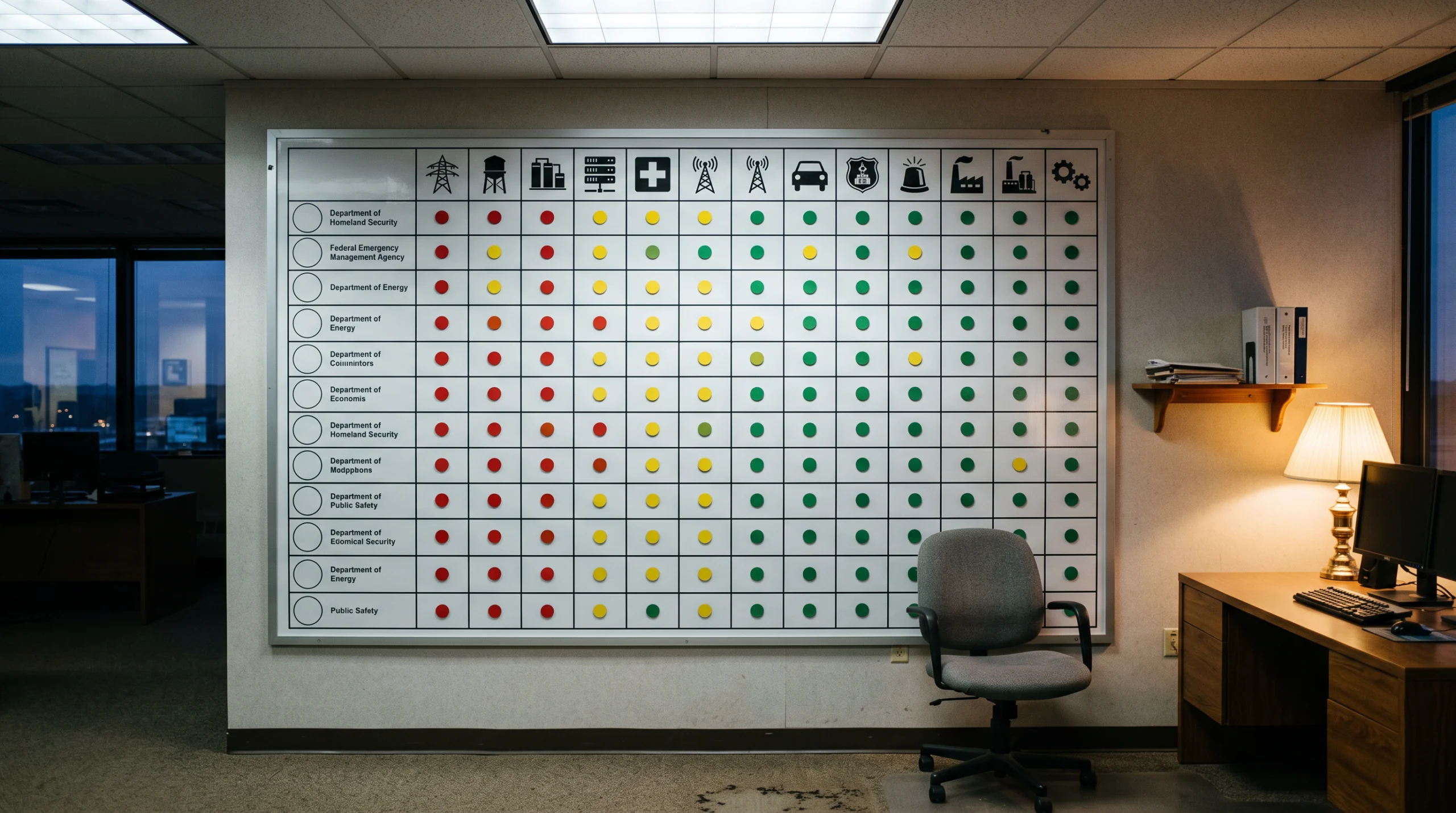 A large wall-mounted matrix chart photographed straight-on in a government office at dusk, rows labeled by federal agency seals rendered only as blank circular…