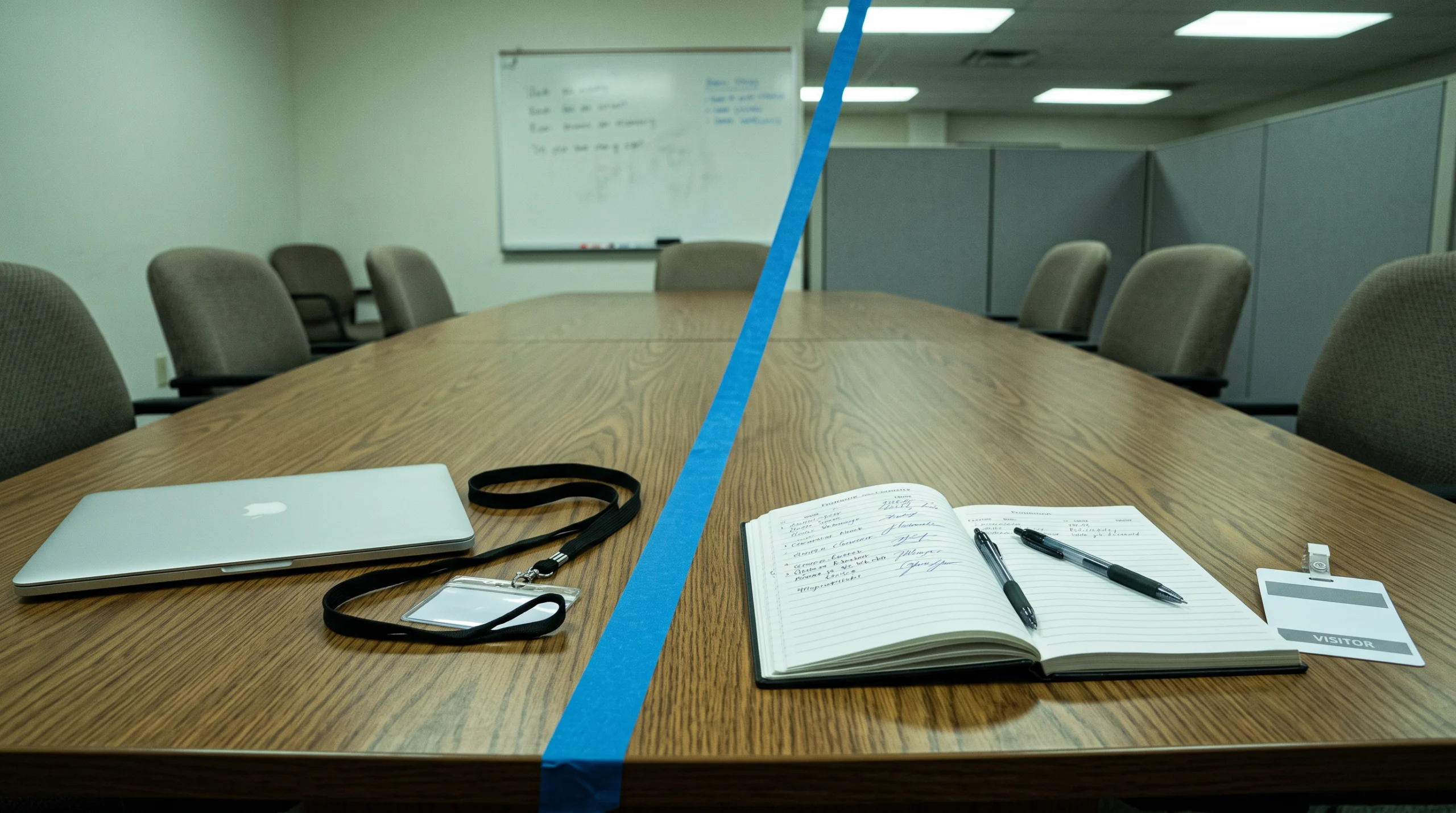 A conference room table photographed straight-on at desk height, split by a physical line of blue painter's tape down its center: on one side a laptop closed with a…