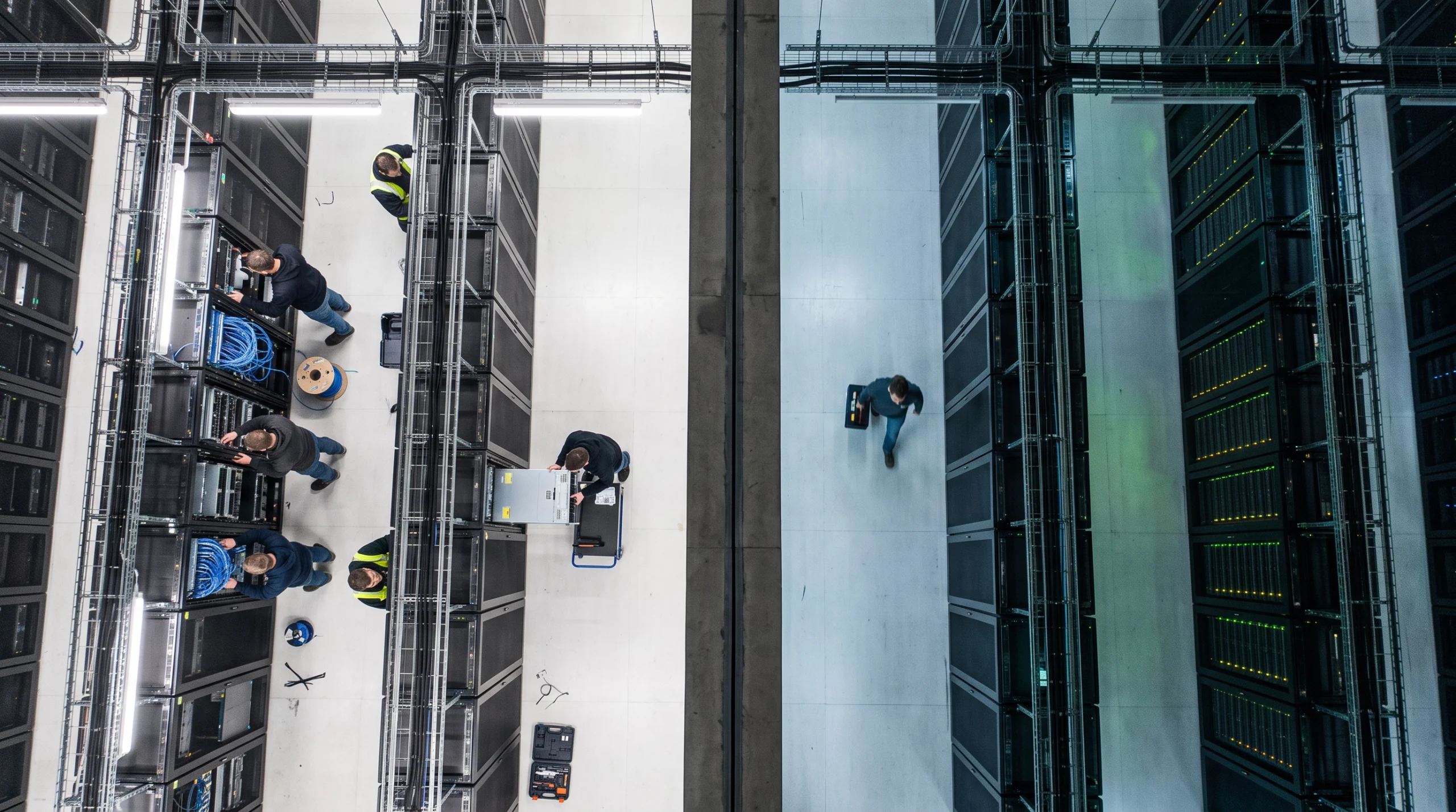 A split-screen aerial photograph of two identical rows of server racks in a vast data center hall, the left side densely populated with technicians actively swapping…