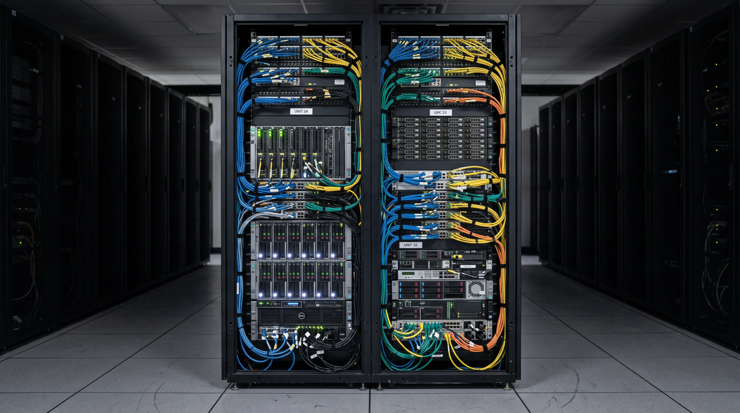 A fully populated server rack photographed straight-on in a data center aisle, its front panel removed to reveal dense rows of blade servers and storage trays wired…