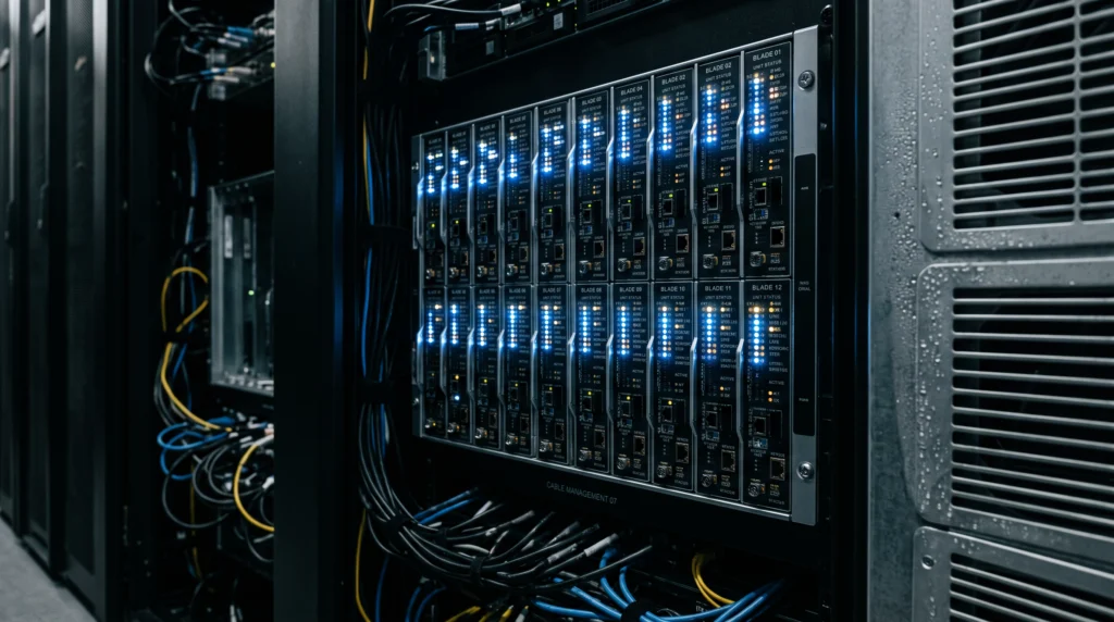 A server rack's diagnostic panel glows in a dim data center aisle, rows of small indicator lights flickering in rapid, uneven bursts across multiple blade…