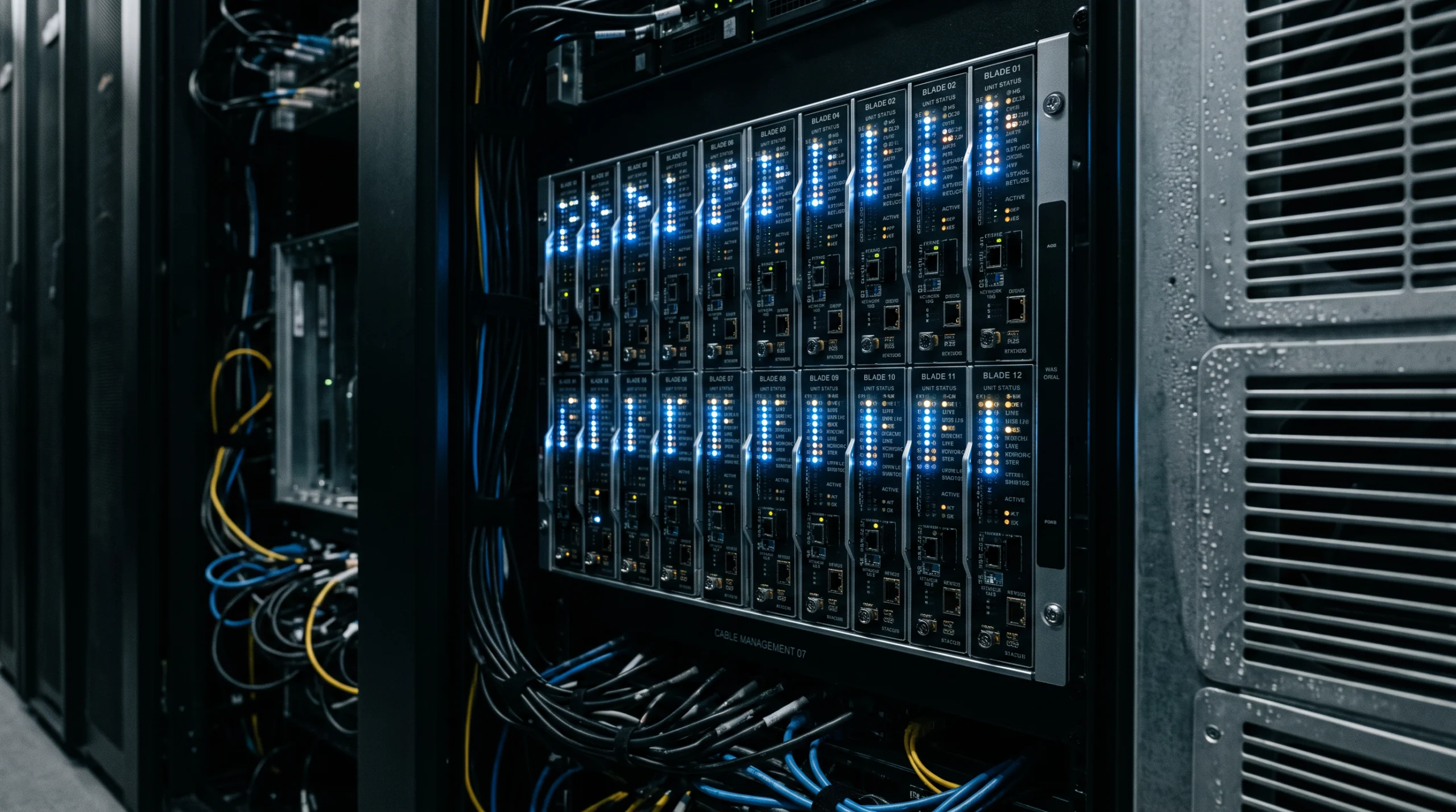 A server rack's diagnostic panel glows in a dim data center aisle, rows of small indicator lights flickering in rapid, uneven bursts across multiple blade units…