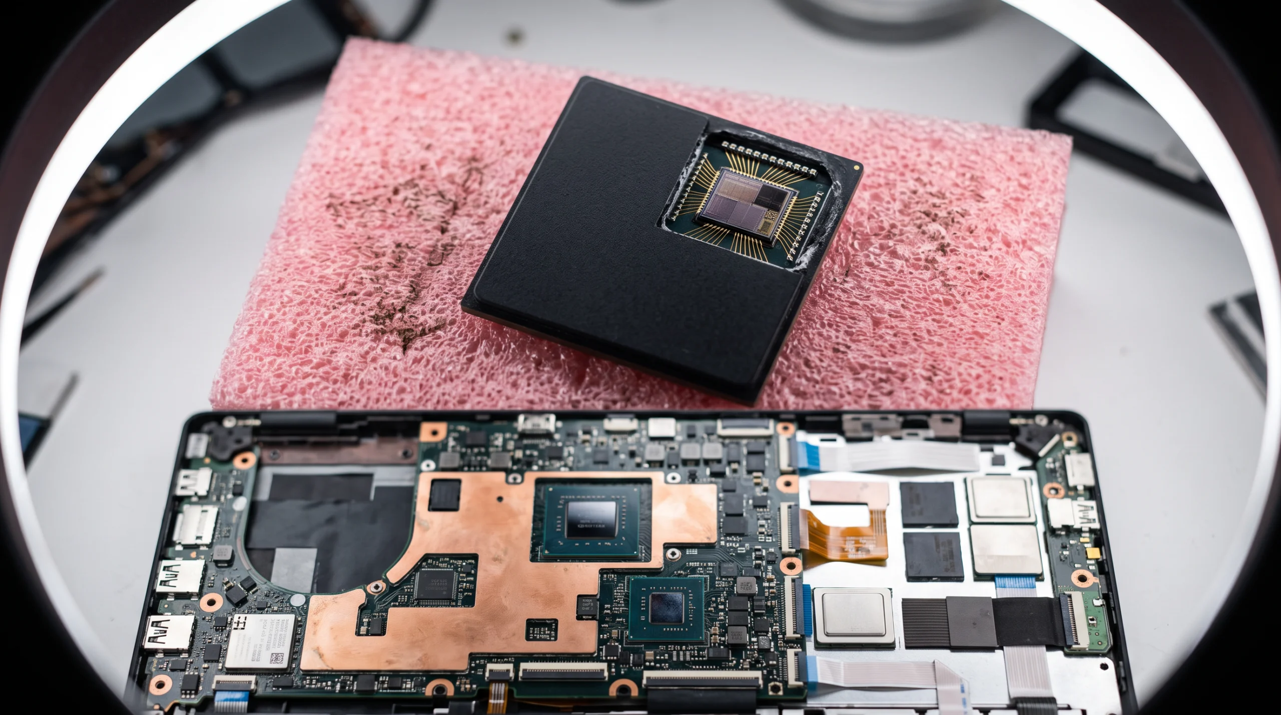 A matte-black rectangular NPU module, roughly the size of a matchbook, sits desoldered on a static-shielded pink foam mat under a bright ring light, its exposed die and…