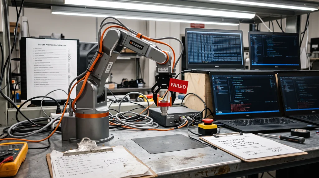 A small robotic arm sits mid-motion on a lab workbench, gripping a red-flagged test object, its actuator frozen at the exact joint angle recorded during a failed…