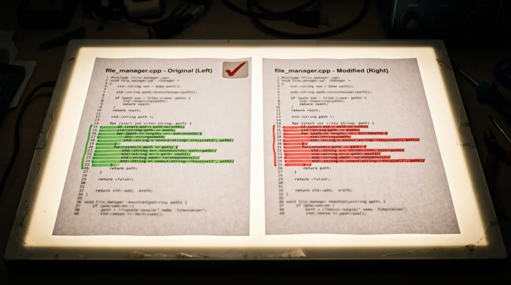 A close-up photograph of two printed code diffs laid side by side on a lightbox table, red and green highlighter marks tracing changes through the lines, one…