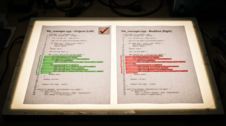 A close-up photograph of two printed code diffs laid side by side on a lightbox table, red and green highlighter marks tracing changes through the lines, one sheet…