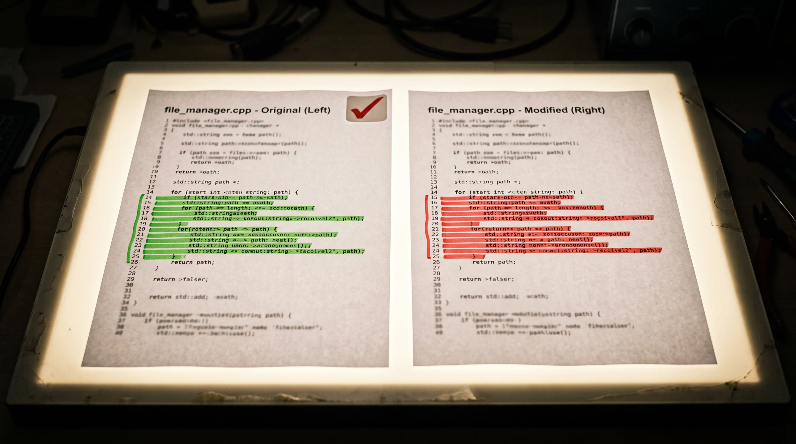 A close-up photograph of two printed code diffs laid side by side on a lightbox table, red and green highlighter marks tracing changes through the lines, one sheet…