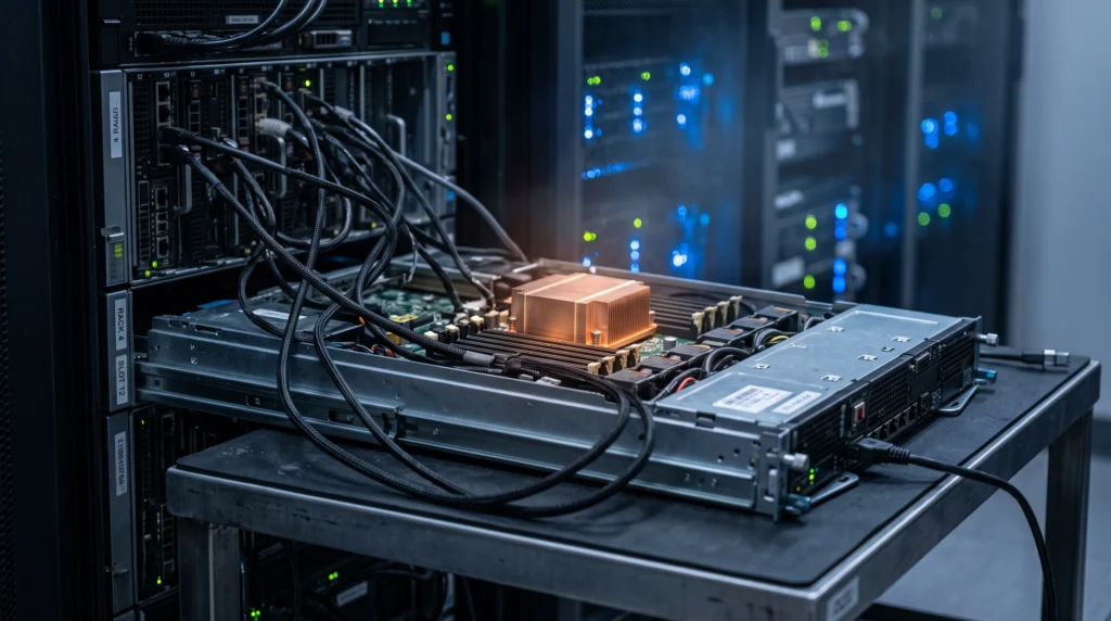 A late-night engineering lab bench shot in sharp documentary style: a single unmarked server blade half-slid out of a dense rack, its heat sink fins glowing faint…