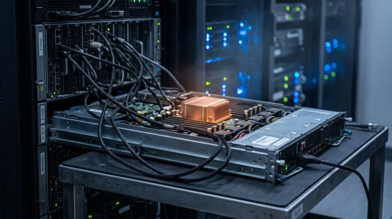 A late-night engineering lab bench shot in sharp documentary style: a single unmarked server blade half-slid out of a dense rack, its heat sink fins glowing faint amber…