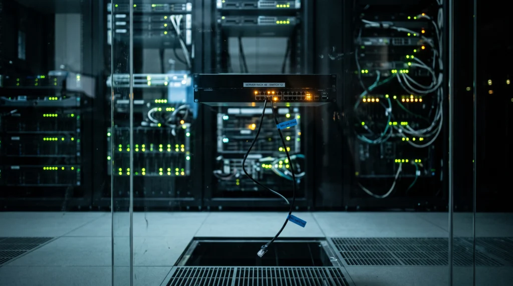 A server room monitoring station at night, seen from behind a glass partition: rows of status-indicator lights on rack-mounted machines shift erratically…