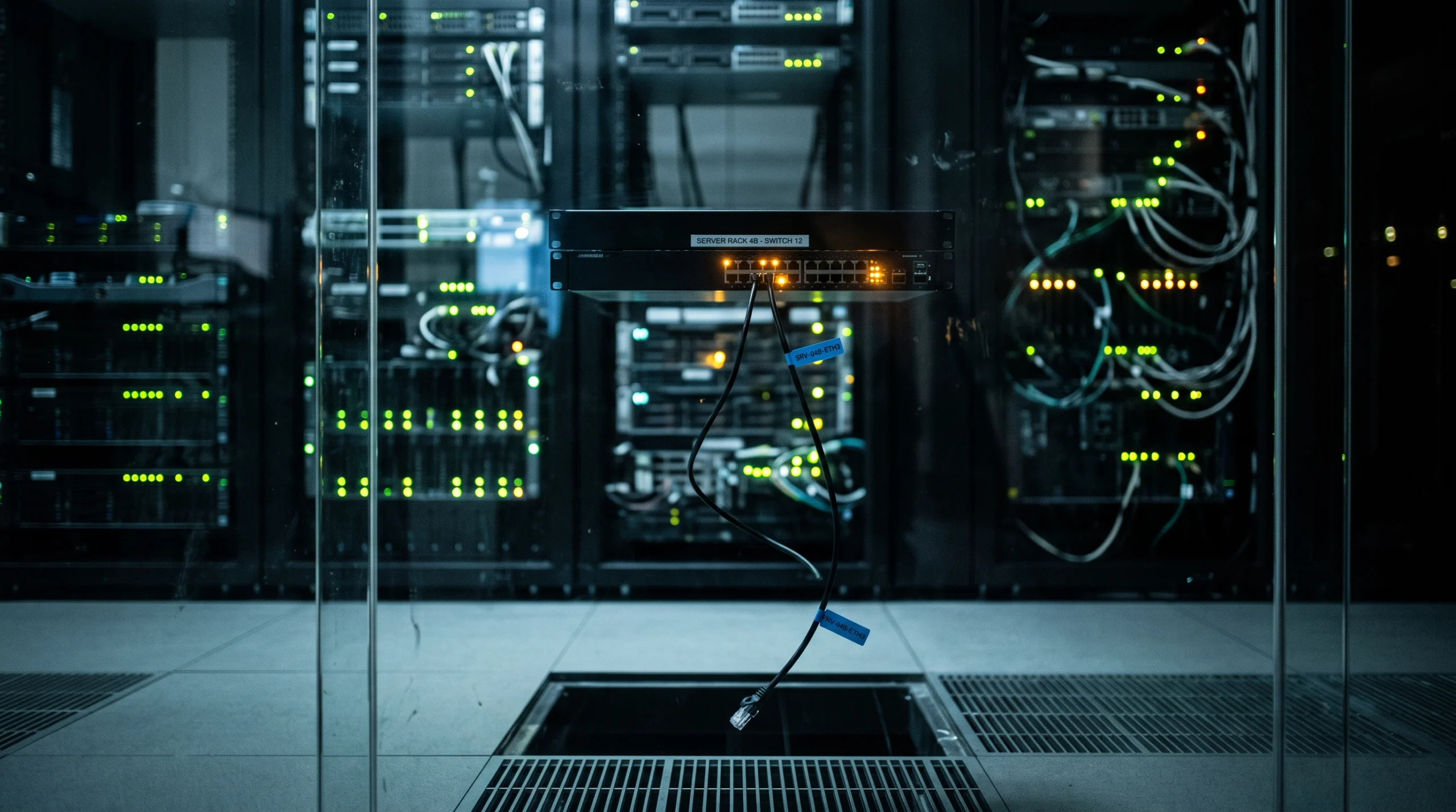 A server room monitoring station at night, seen from behind a glass partition: rows of status-indicator lights on rack-mounted machines shift erratically from steady…