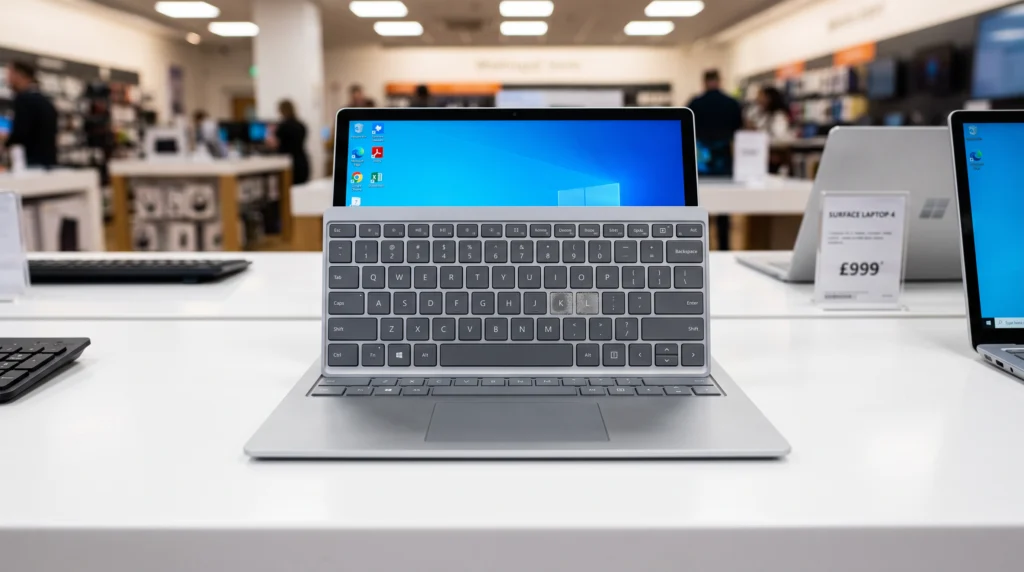 A Surface laptop sits on a bright retail display table in an electronics store, its keyboard bearing a faint rectangular discoloration and adhesive residue where…