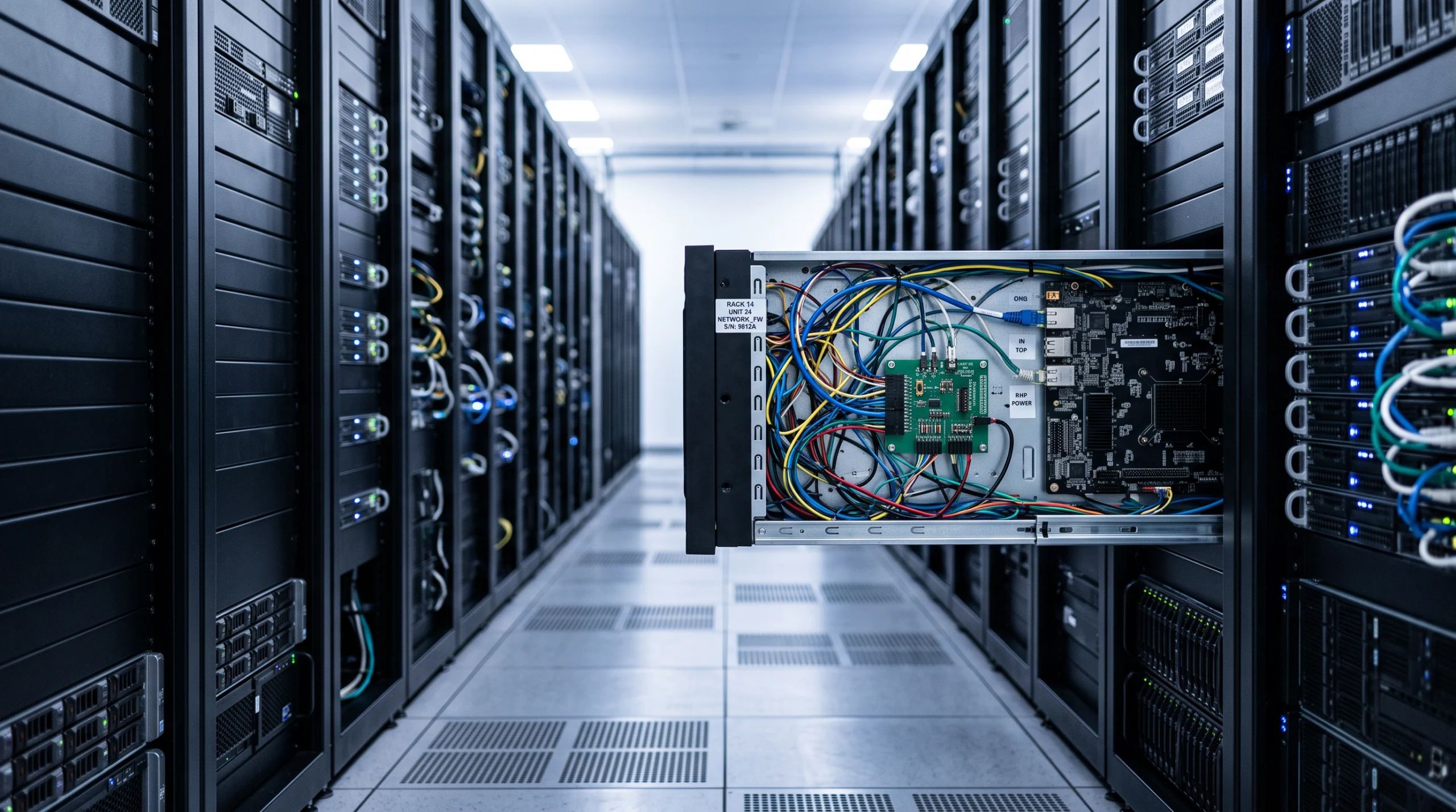 A server-room aisle photographed straight-on at eye level: rows of identical rack-mounted chassis stretch into soft focus, but one unit near the center has its faceplate…