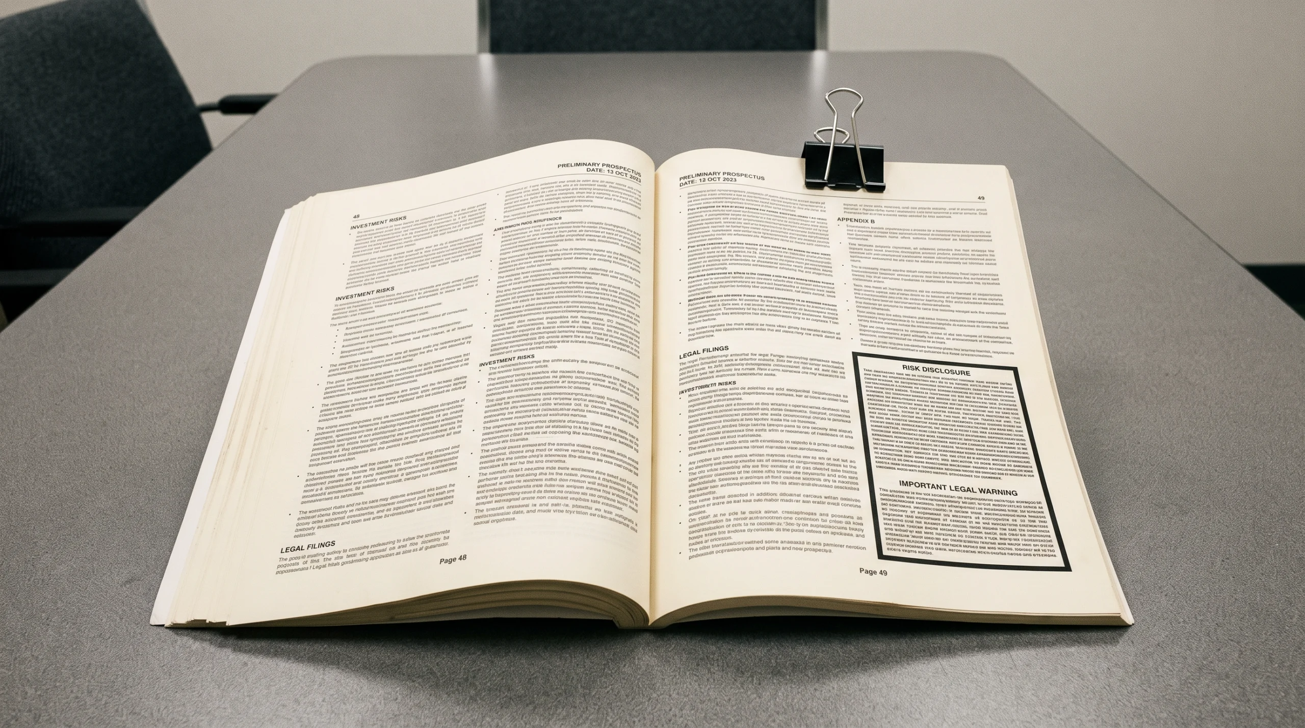 A single thick prospectus document lies open on a plain grey conference table, its pages weighted flat under a chrome binder clip, one page dense with columns of small…