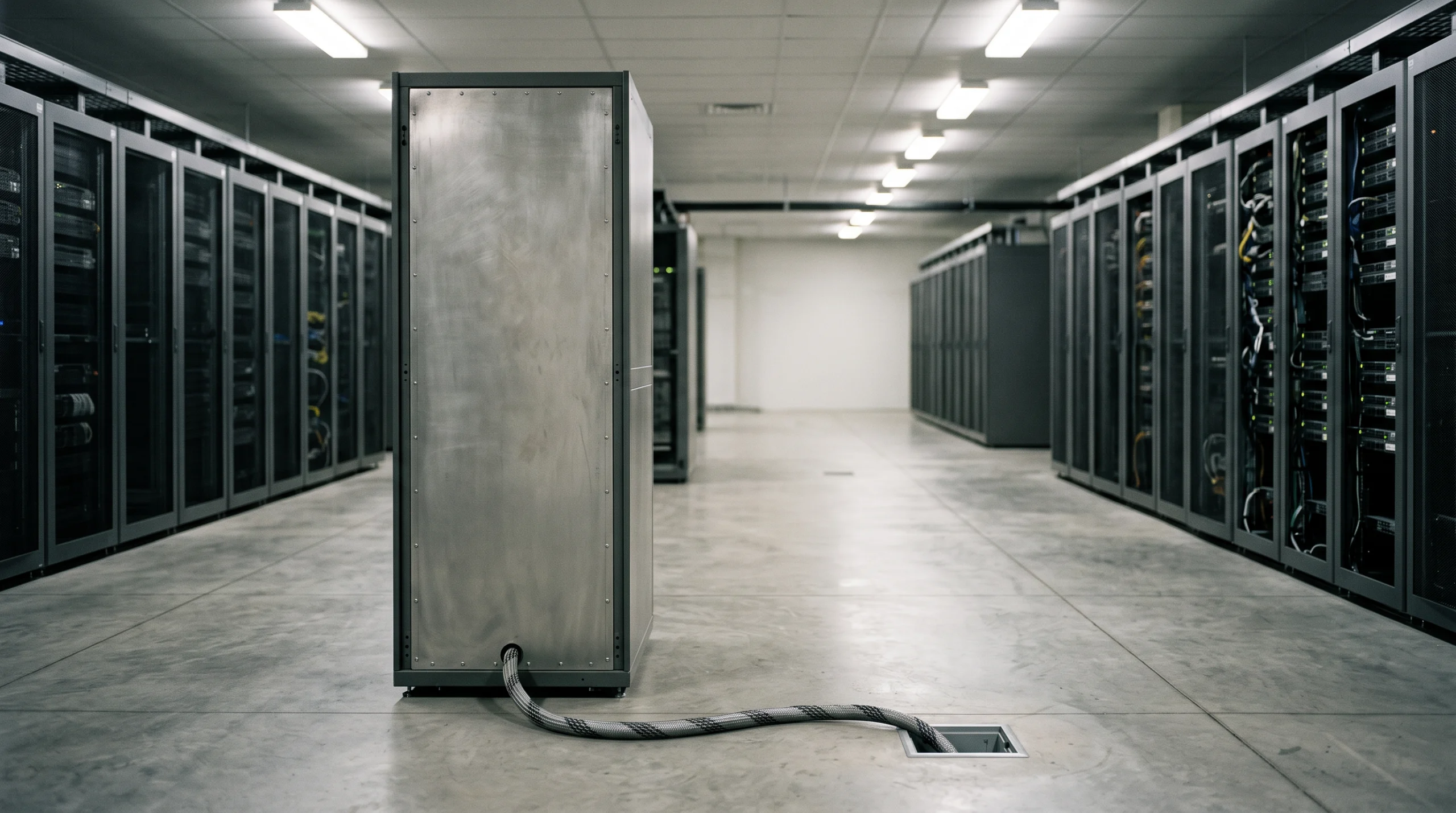 A single locked server rack stands isolated in an otherwise empty data center aisle, its front panel replaced by a blank steel plate with no vents or markings, a lone…