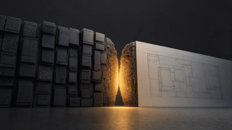A wall of stacked gray data tablets narrows to a glowing amber bottleneck at center, with a clean blueprint emerging on the right