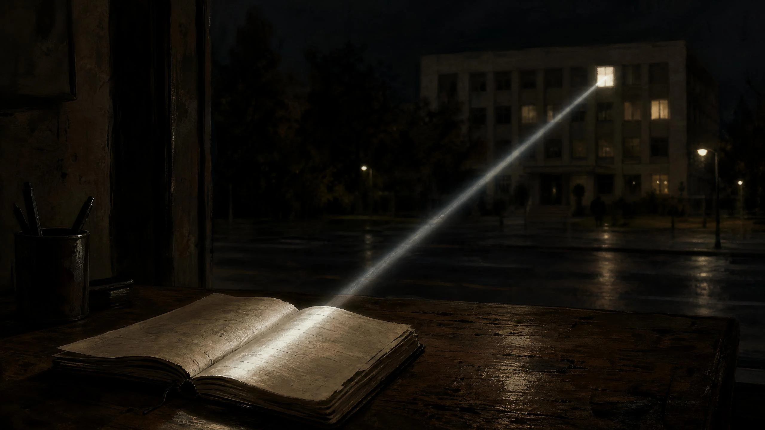 An open diary on a dark desk throws a thin beam of light across a rainy street to one lit window of a government building