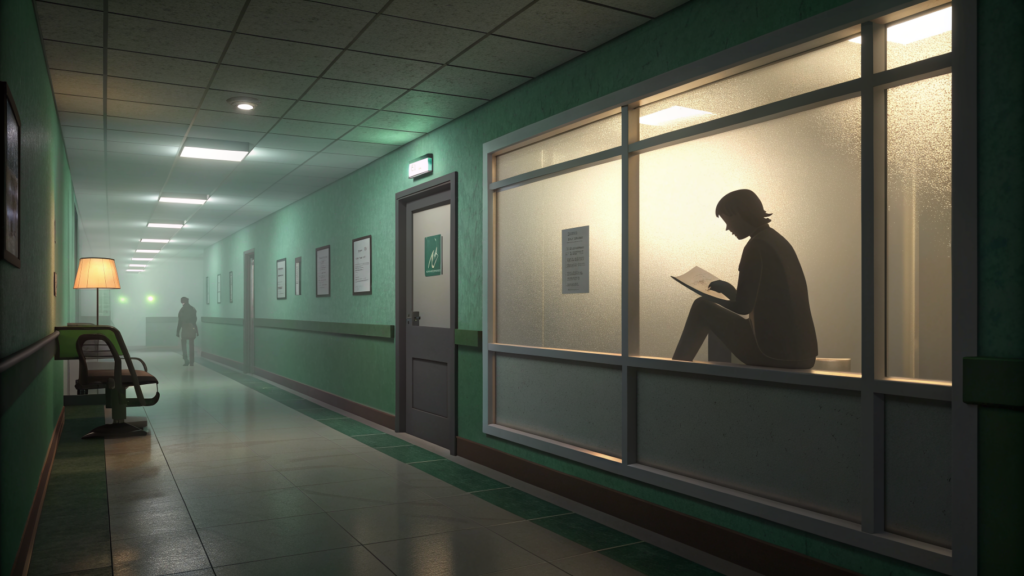 A silhouetted reviewer reads a sheet behind frosted glass in a green institutional hallway at night