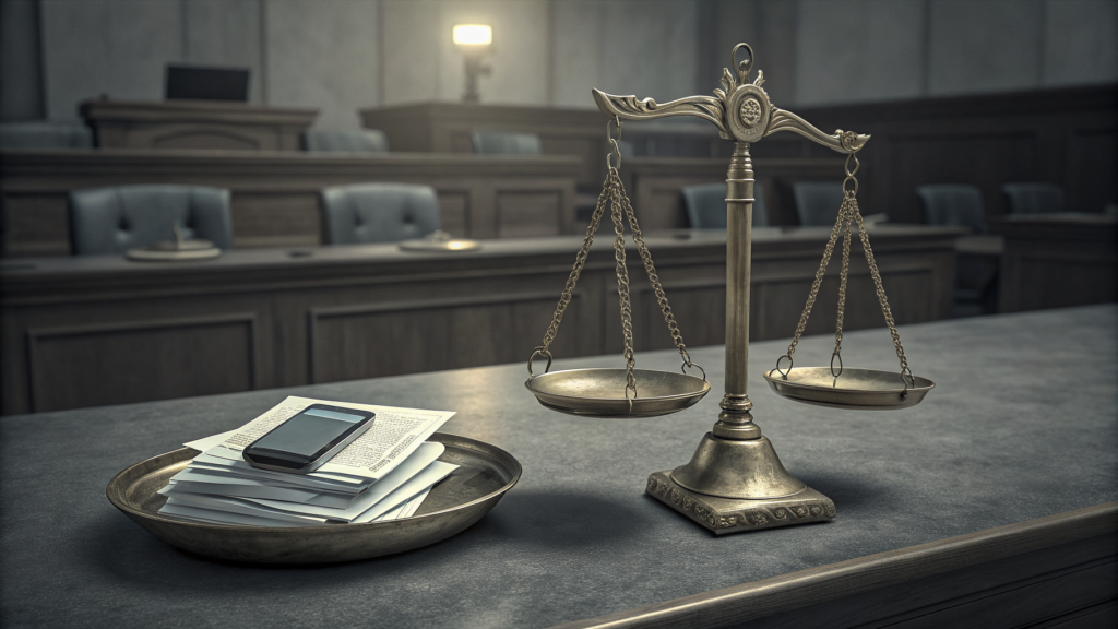 A brass balance scale with empty pans stands beside a tray of legal papers and a phone in an empty courtroom