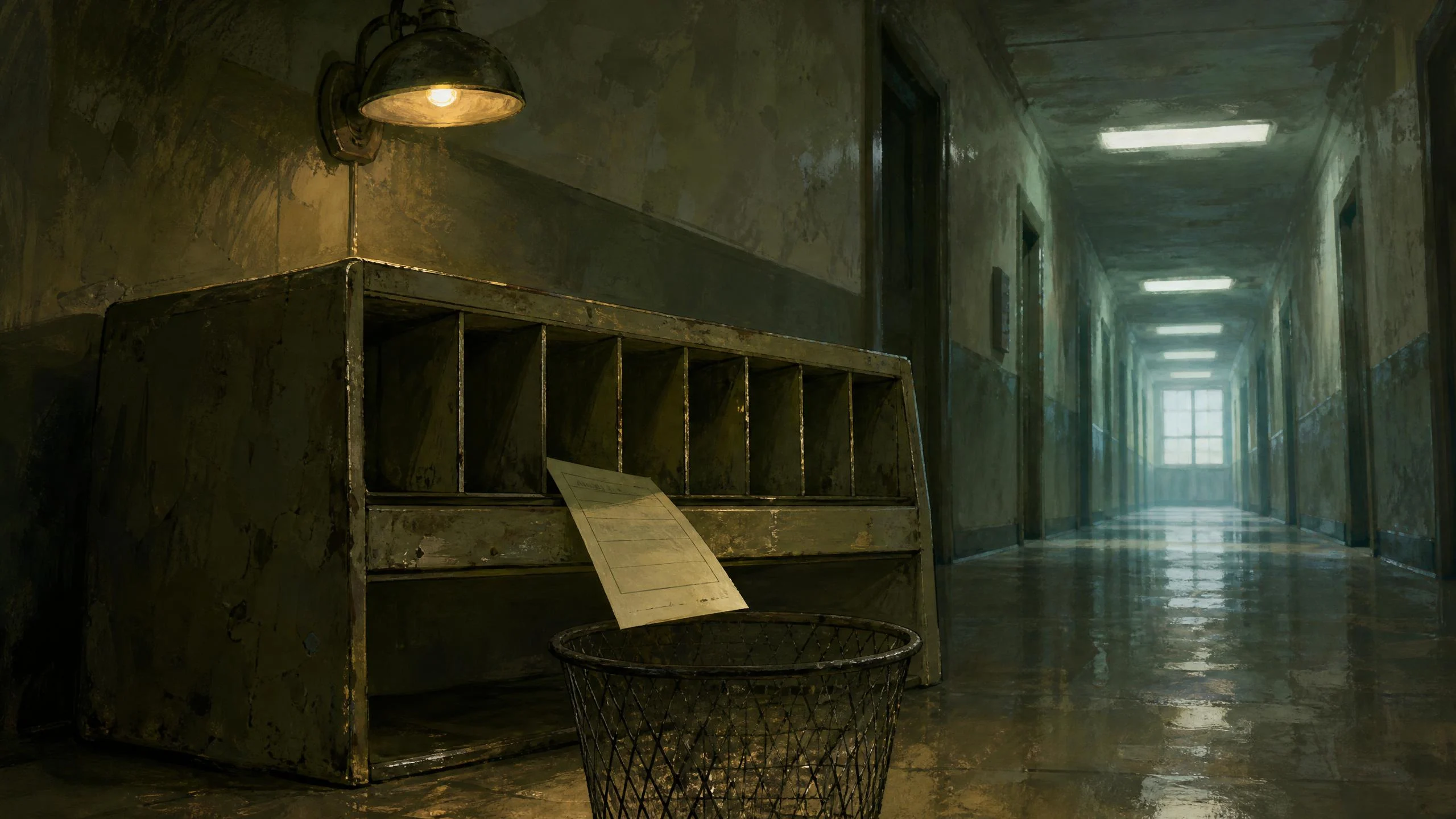 A dim institutional corridor where a single form slips from an empty pigeonhole shelf toward a wire wastebasket under a lit wall lamp