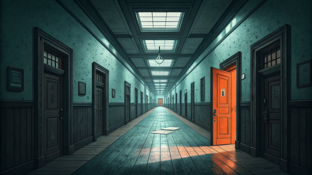 A long school-like corridor of closed doors with one orange door open and loose papers lying on the floor