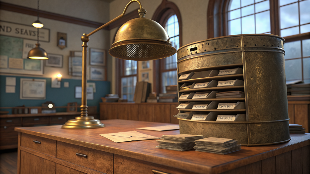 A brass desk lamp beside a metal sorting bin of labeled trays on a wooden counter, loose envelopes and card stacks in front