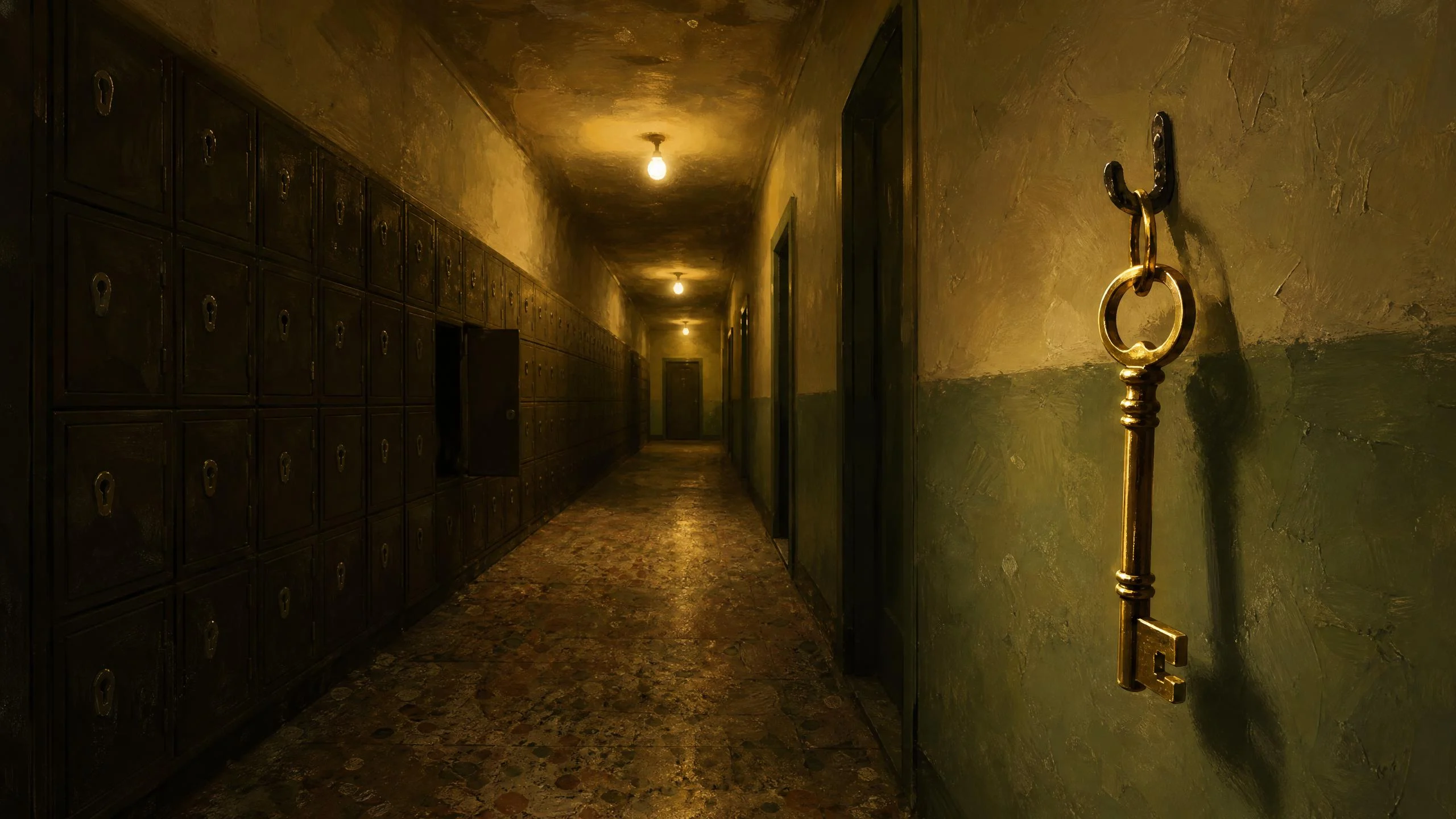 A dim hotel corridor with one brass master key hanging on a wall hook beside a long bank of small locked lockers, one ajar