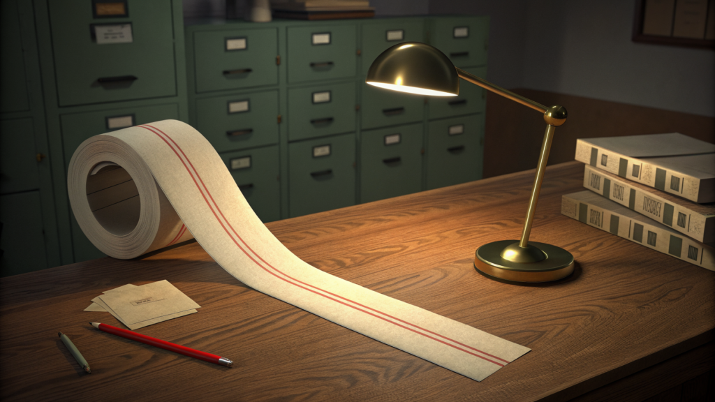A long roll of blank paper tape with two red lines unspooling across a wooden desk under a brass lamp