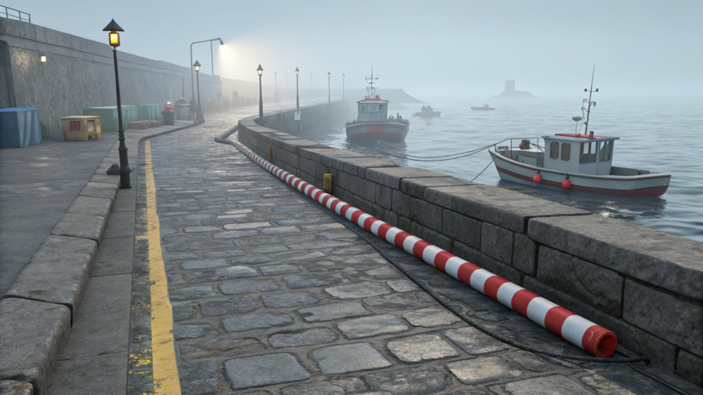 A foggy stone quay at dawn with a red-and-white striped barrier along its edge and two fishing boats waiting on grey water