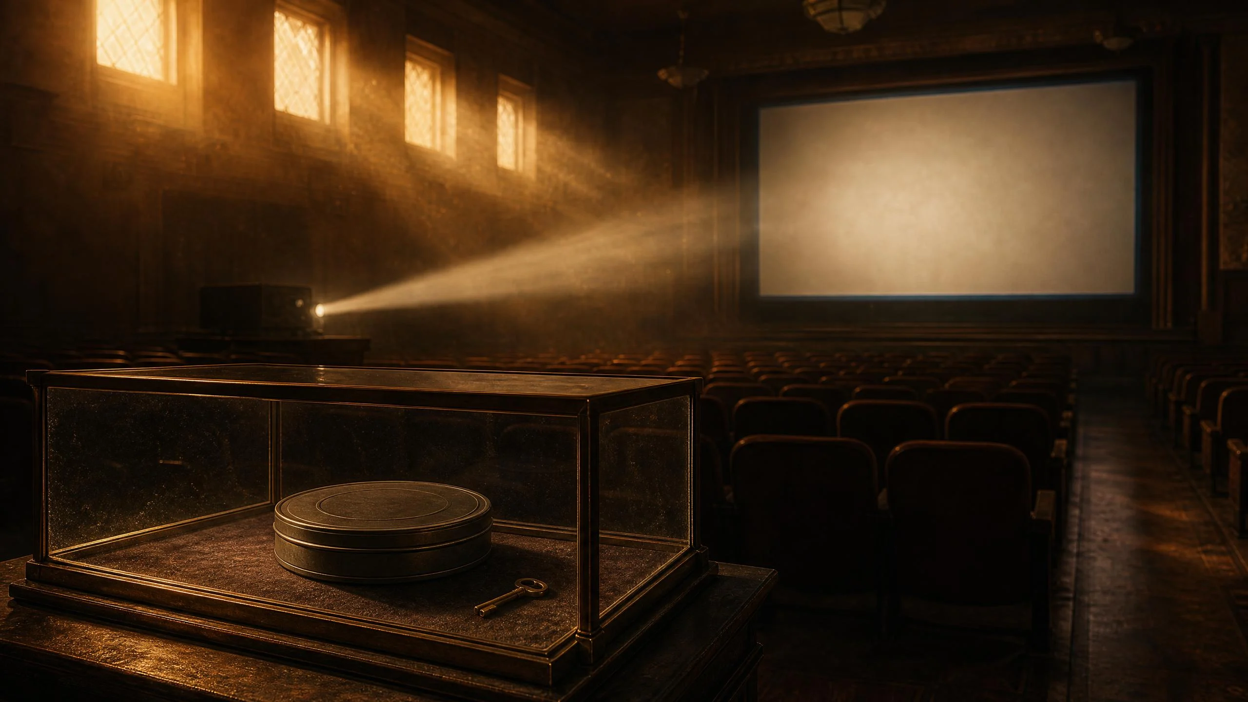 A darkened cinema hall where a projector beam crosses dusty light to a blank screen, a sealed glass case with a film canister and key in the foreground