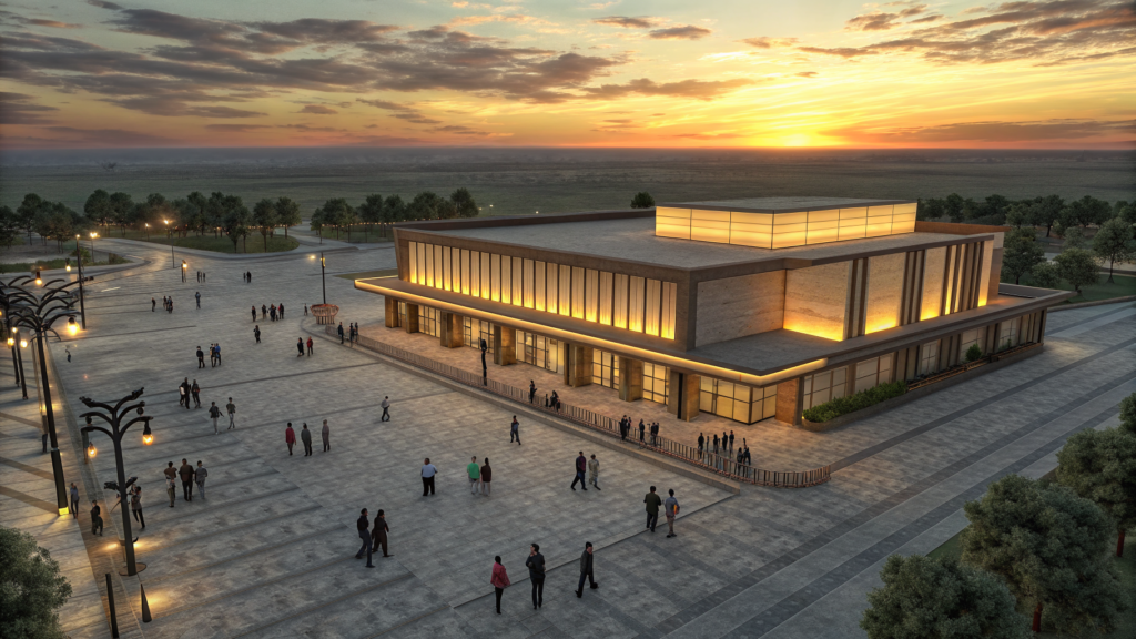A lit cinema pavilion on an open steppe plaza at sunset, small groups of people crossing the stone forecourt