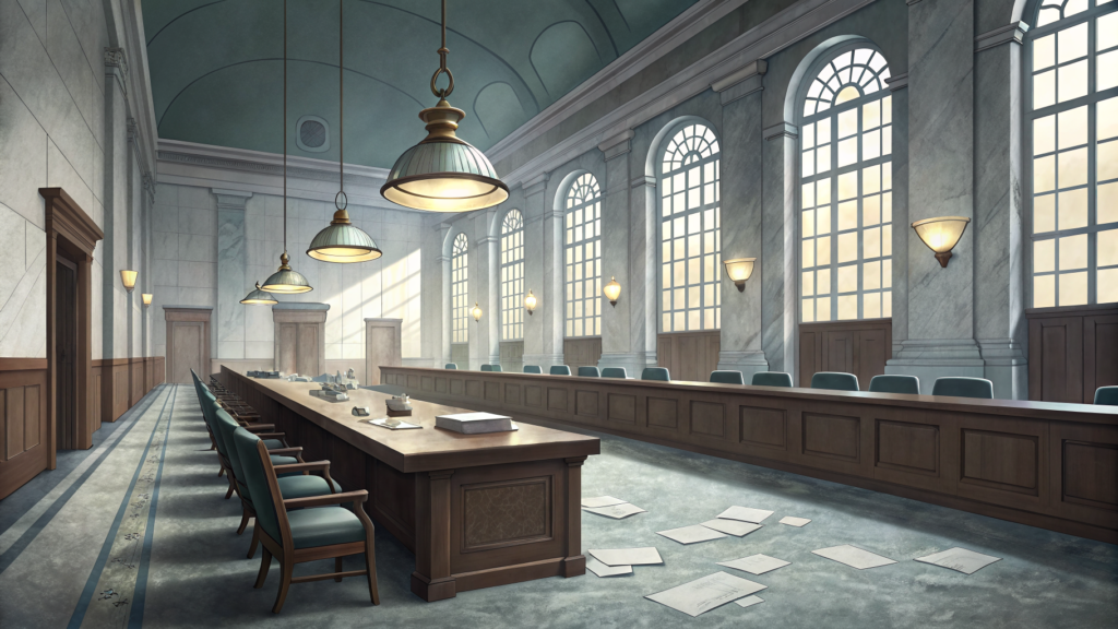 An empty jury hall with a long wooden table, green chairs and loose papers scattered across a grey carpet