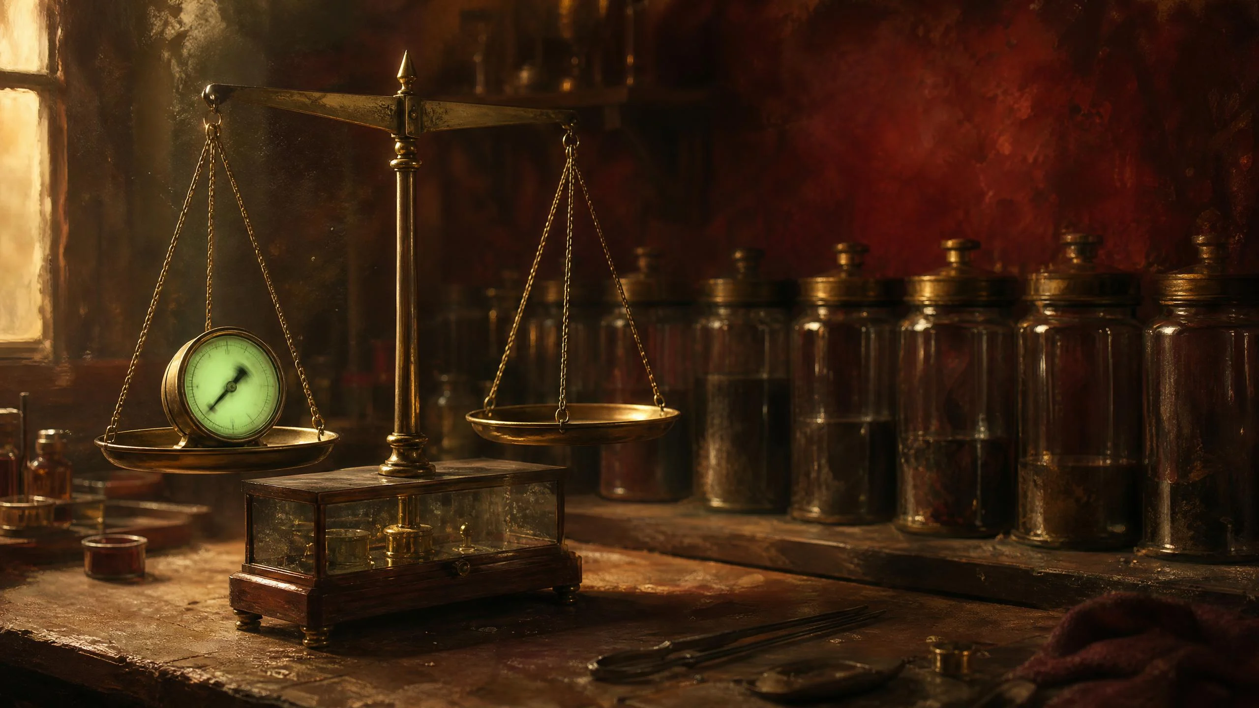 A brass balance scale on a dim workshop bench, a glowing green dial gauge in one pan and an empty pan opposite, with dark glass jars behind