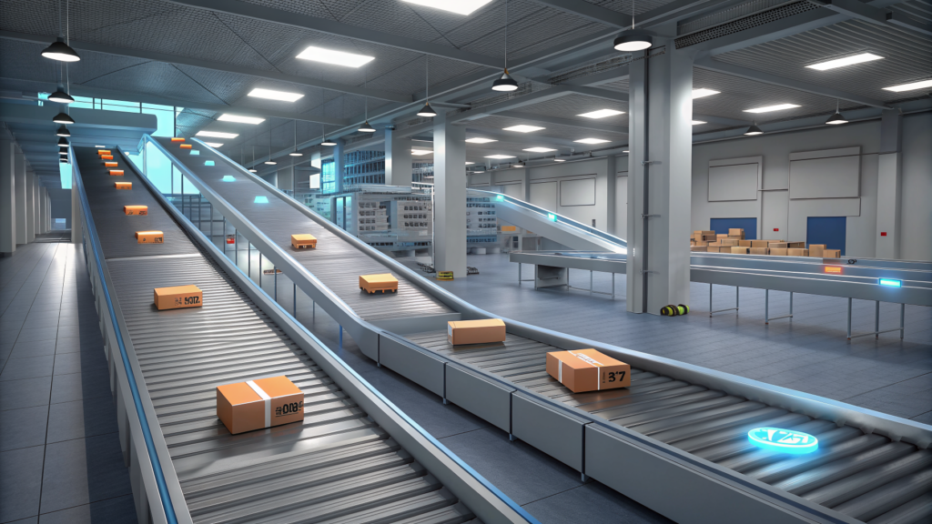 Two conveyor lines in a sorting hall, one fast and blurred, one slow with an inspector's lamp over a scale