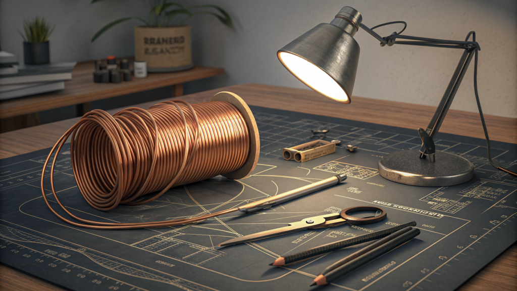 A taut wire across a drafting table with a sagging copper thread curve far below it