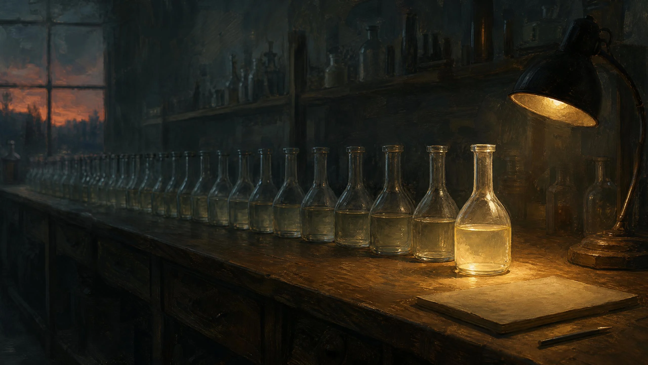 A row of glass flasks along a dim laboratory bench at dusk, with only the nearest one lit by a desk lamp beside a blank notepad