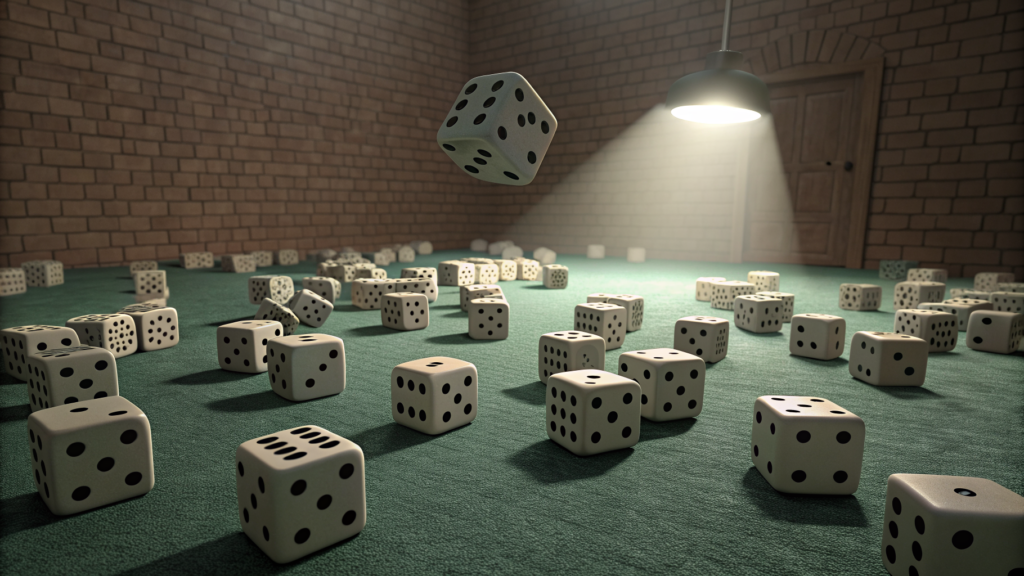 Dozens of ivory dice scattered across green felt in a brick room, one die hanging in mid-air under a single hanging lamp