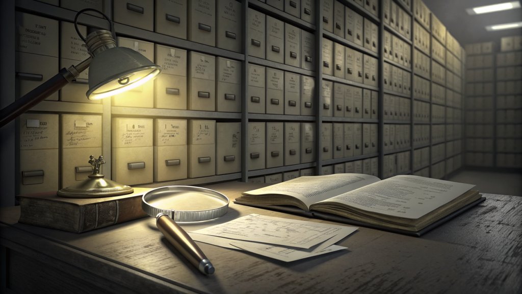 A magnifying glass and open ledger on a desk in a dim archive of filing boxes, lit by a brass lamp