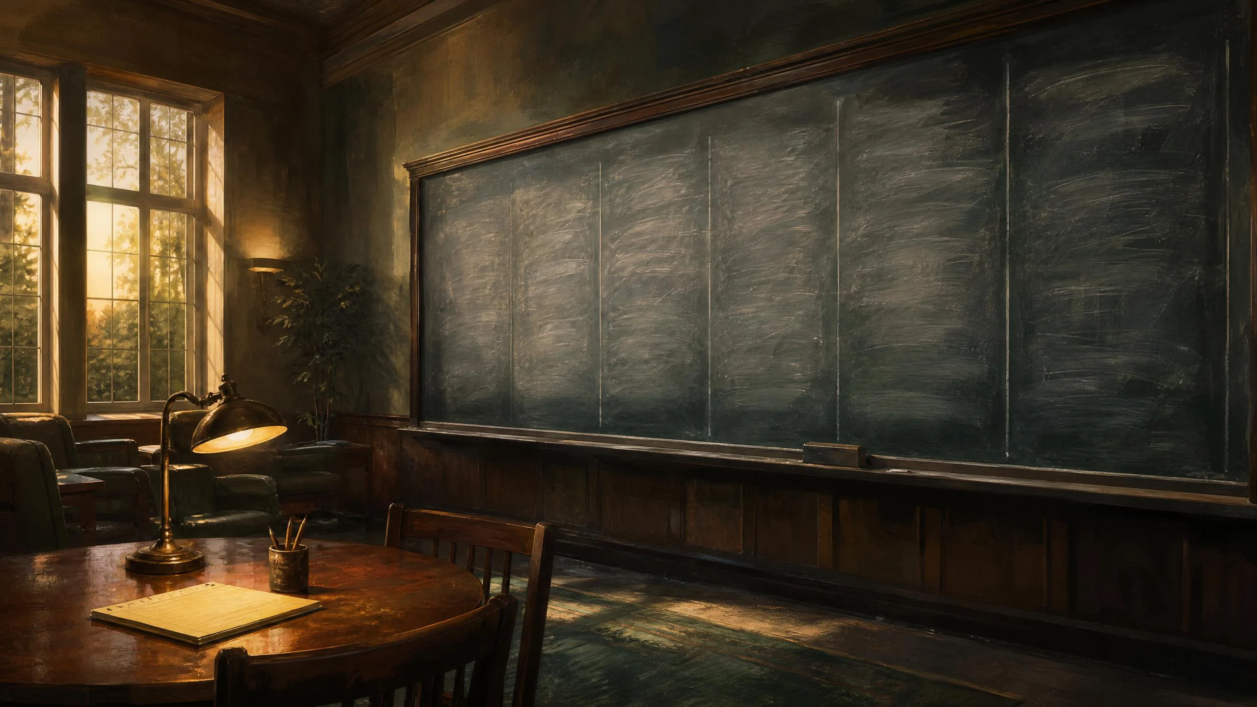 A wiped chalkboard fills a dim university common room while a lamp lights an empty round table with a notepad and pencils
