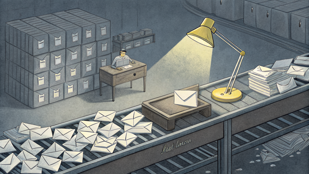 A lone clerk at a desk under a yellow lamp beside a conveyor belt crowded with sealed envelopes