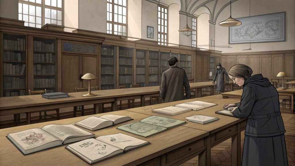 A high-ceilinged reading room where a few people study open notebooks and sketched diagrams on long oak tables